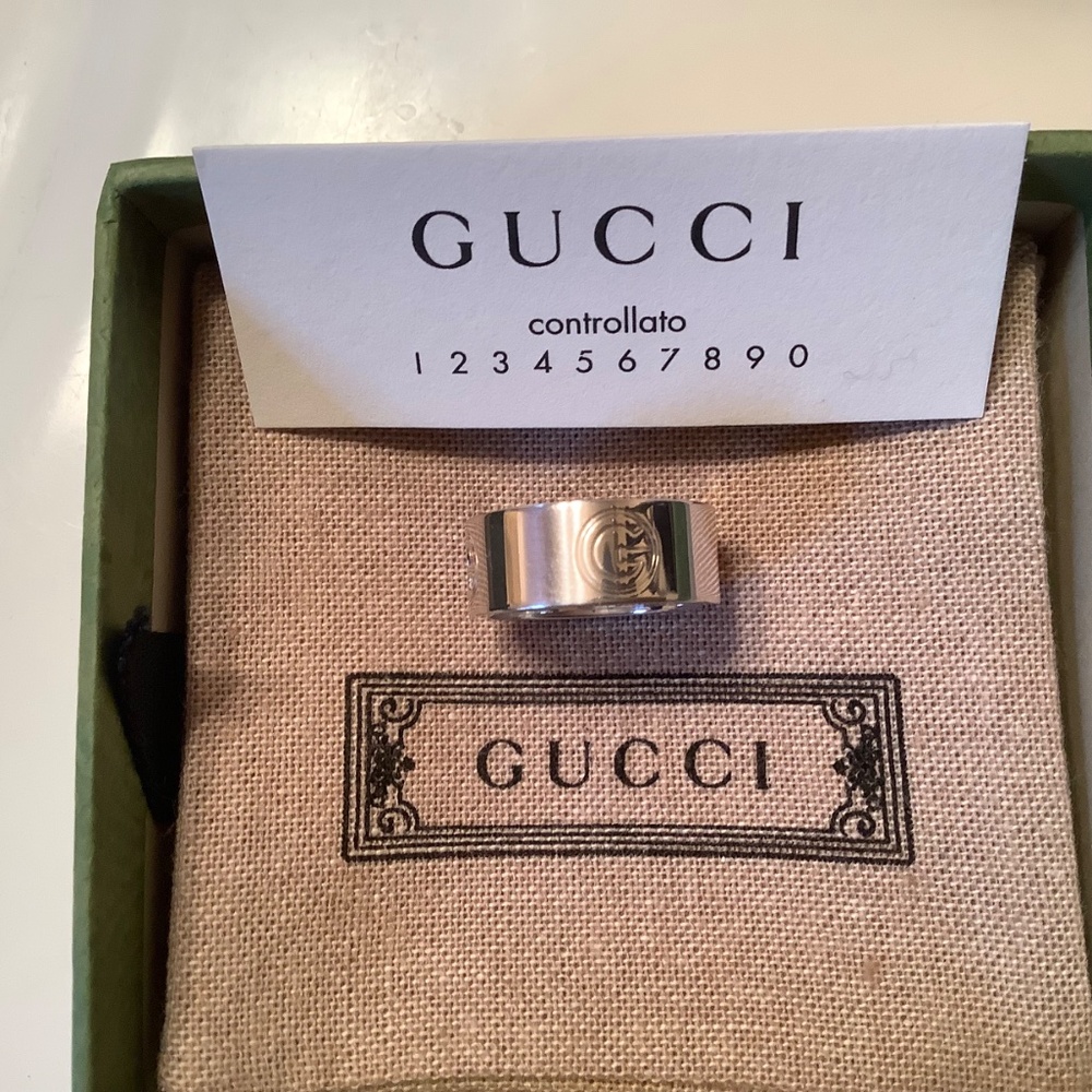 GUCCI Sterling Silver Cut Out Wide Band G Logo Ring SZ 8 - Picture 2 of 11